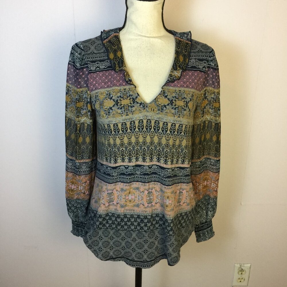 Lucky Brand Blouse Top Sz SP Womans Blue Yellow Striped V-neck Boho Long Sleeve